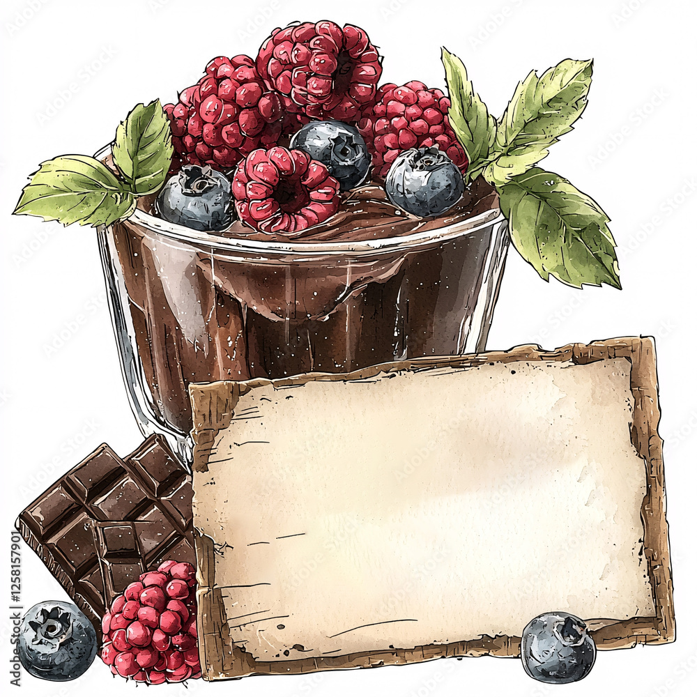 Wall mural Illustration of chocolate dessert in a glass, topped with raspberries and blueberries, with chocolate squares.