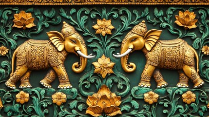 Fototapeta premium Intricate wall art featuring golden elephants, rich colors and floral patterns, showcasing cultural craftsmanship and design.