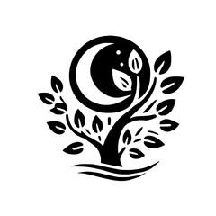 Abstract Tree with Moon and Leaves; Illustration of a black tree and crescent moon on white.