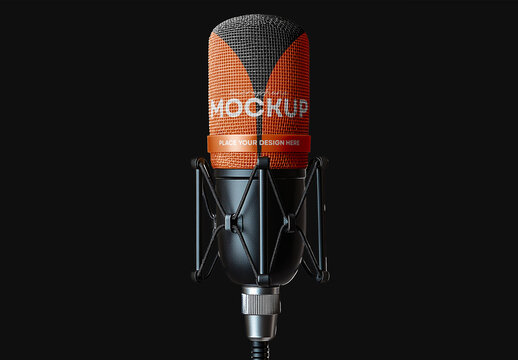 Microphone Podcast Mockup &ndash; Realistic Studio Recording, Broadcast Equipment, Audio Branding, Professional Podcasting Scene, Radio Show Presentation Template