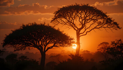 Sunset silhouette of savanna trees
