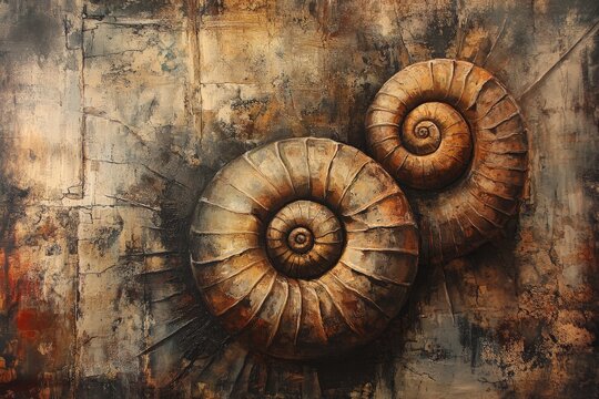 Two intricately designed ammonite fossils displayed against an abstract textured background in warm earthy tones