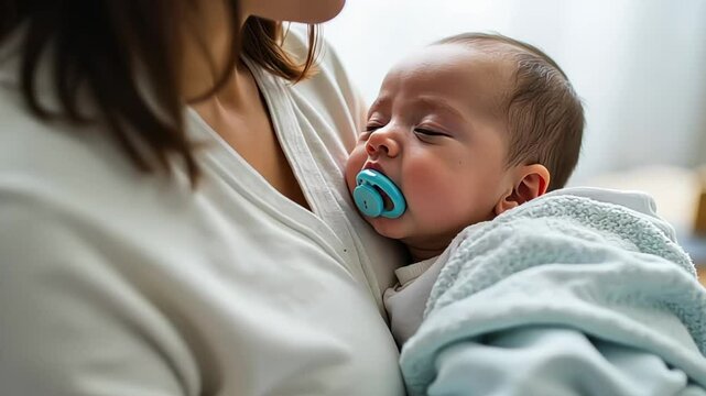 Little newborn baby boy sleeping with baby dummy on mother hands at home, Mom puts baby to sleep during the day