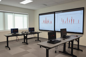 Security testing lab equipped with analysis tools and large display monitors for data visualization and analysis tasks