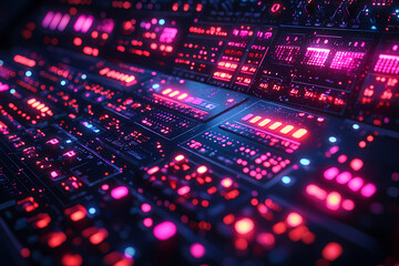 A colorful digital interface displaying various music genres on a mobile screen, with dynamic visuals and interactive buttons.