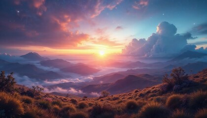 Fototapeta premium Breathtaking Sunrise Over Rolling Mountainous Landscape and Scenic Clouds