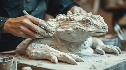 A clay artist is sculpting a figurine of an animal, carefully shaping each part of the body. The animal is coming to life, and the artist uses smooth motions to finalize the piece.