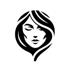 Graceful Silhouette: Black and White Minimalist Portrait of a Woman with Closed Eyes and Flowing Hair in Circular Composition.