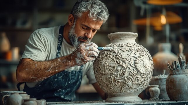 A clay artist carefully adds texture to a vase, using carving tools to create intricate patterns. The vase is partially shaped, and the artist is focusing on the detailed design.
