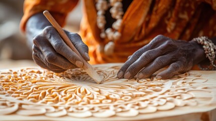 A skilled artisan carving intricate patterns into a wooden block, with fine details and smooth, flowing lines. The wood is light in color, and the carving tools are sharp and precise.