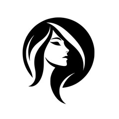 Silhouette of a Woman in a Black Circle, Featuring Flowing Hair, Side Profile, & Elegant Design.