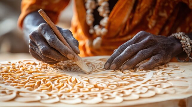 A skilled artisan carving intricate patterns into a wooden block, with fine details and smooth, flowing lines. The wood is light in color, and the carving tools are sharp and precise. - Powered by Adobe