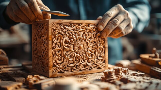 A skilled artisan carving intricate patterns into a wooden block, with fine details and smooth, flowing lines. The wood is light in color, and the carving tools are sharp and precise.
