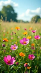 Blooming wildflowers in a field, grasses, meadow, blooming