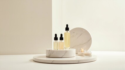 White marble pedestal with three bottles of facial serum on it, mockup, beige background.