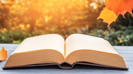 Open Book on Table with Autumn Leaves Backdrop for Reading and Reflection in Fall Season
