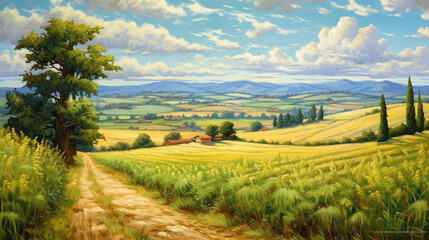 Fototapeta premium Looking at the wide green field in the warm summer