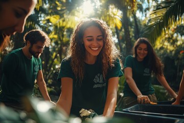 A group of diverse volunteers wearing green t-shirts picking up trash