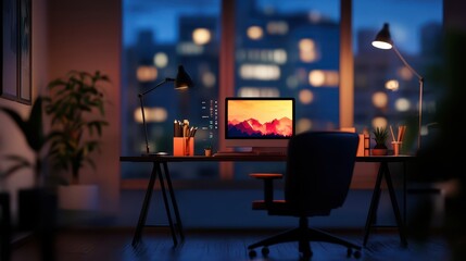 Fototapeta premium Modern office setting with low light ambiance and blurred furniture, showcasing a desktop computer against a vibrant cityscape backdrop