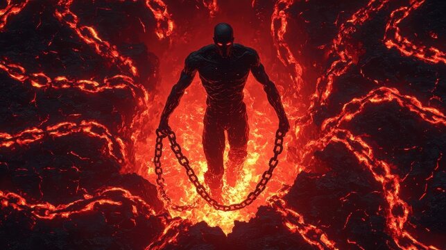 Demonic figure rising from a fiery chasm, glowing chains dragging behind, raw and powerful symbolism