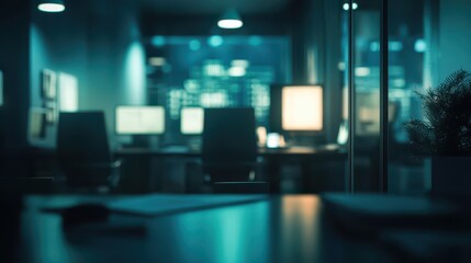 Naklejka premium Dark and Moody Office Environment with Defocused Background and Workstations for Creative and Professional Use in Stock Imagery