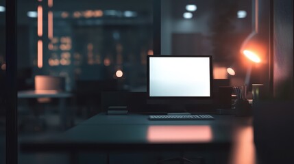 Moody and Dark Office Setting with Defocused Background and Glowing Lamp for a Dramatic Work Atmosphere