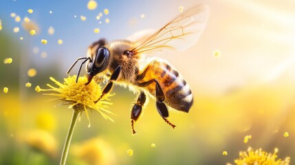 Naklejka premium Honeybee Gathering Pollen on Yellow Flower - Close-up of a honeybee collecting pollen from a bright yellow flower, with a blurred sunny background