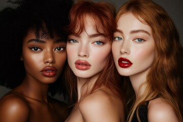 Three diverse fashion models posing together showing makeup and hairstyle
