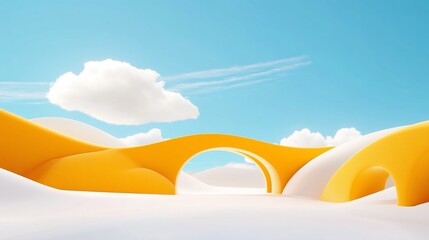 Orange bridge arching over white hills, sunny sky, product display