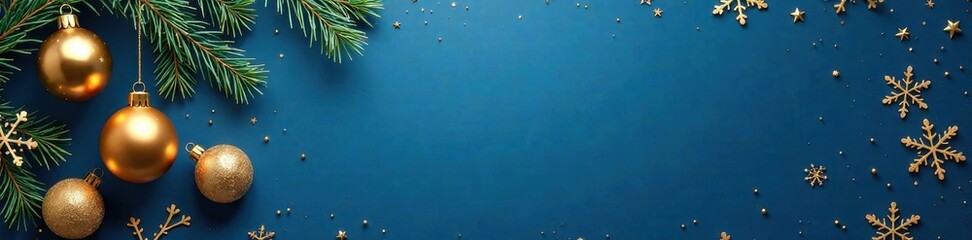 Blue background with golden Christmas ornament elements, golden ornaments, festive lights