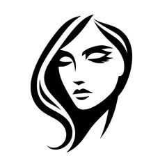 A minimalist black and white portrait of a woman with closed eyes, serene expression, and flowing hair.