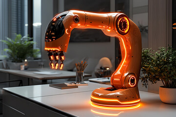 A futuristic robotic arm with a metallic finish extends from a modern cityscape background, featuring smooth edges and high-tech details.