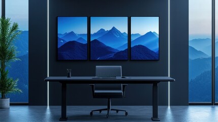 Fototapeta premium Modern Office Interior with Mountain View Artwork and Minimalist Design