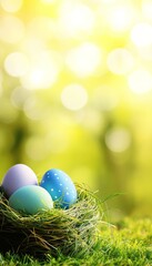 Obraz premium Pastel Easter Eggs Nestled in Moss, Spring Background, Festive Decoration, Holiday Banner