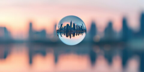 effects impact perspective concept. A city skyline reflected in a crystal ball with a dreamy background.