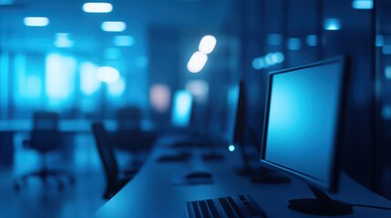 Fototapeta premium Dimly Lit Office Interior with Blurred Objects in Focus and Defocused Background for Ambient and Corporate Settings