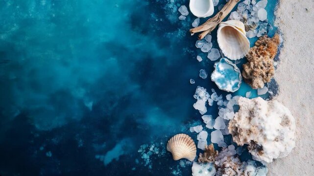 Top view from above, a coastal-themed flat lay featuring seashells, coral, and sea salt on a textured blue background, evoking a serene ocean atmosphere