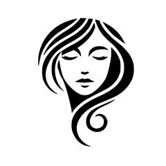 Minimalist Portrait of a Woman: Black and White. Silhouette of a lady with long, flowing hair and closed eyes.