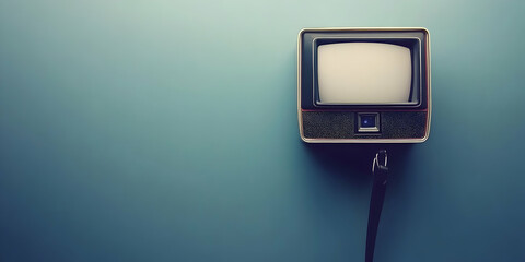 Vintage Television Set With Blank Screen Against Minimalist Blue Wall Background In Contemporary Interior Setting