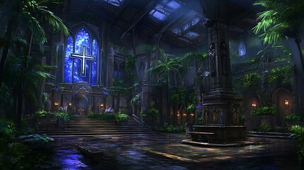 Overgrown Church Sanctuary with Illuminated Cross and Lush Vegetation Dark Artistic Theme