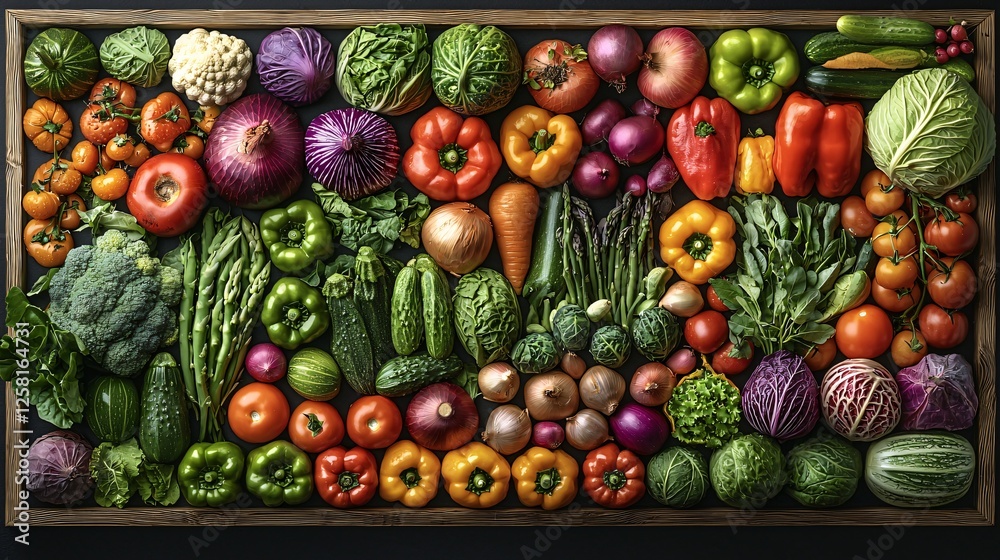 Poster Colorful vegetable harvest bounty, arranged in wooden frame, dark background, healthy eating