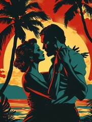 a poster art deco style, an American shot with a man and a woman with hands up in profile dancing to reggae music in the foreground with a sunset in the background