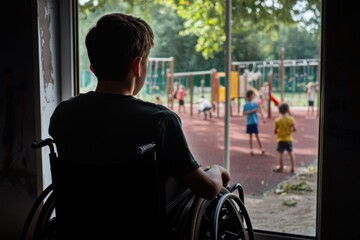 Teen boy in wheelchair looks out window at children playing outside, expressing longing and isolation.