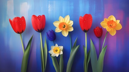 Obraz premium Vibrant Spring Blooms Dew Drops - Spring freshness, vibrant colors, new beginnings, nature's beauty, floral delight