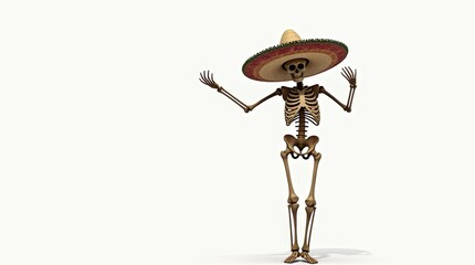 Skeleton wearing sombrero with raised hands on white background, symbol of Mexican culture, Day of the Dead, Halloween, or celebration