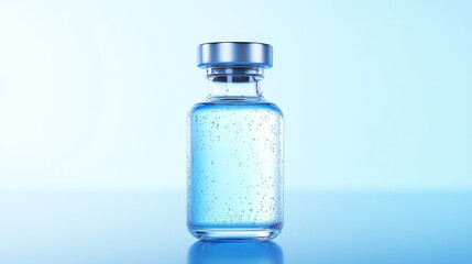 Medical Vial with Condensation - A clear glass medical vial filled with a light blue liquid, showing condensation on its surface against a light blue background