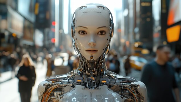 Futuristic humanoid robot stands amidst a busy city street, showcasing advanced machine integration while pedestrians engage in daily activities under the bright urban lights
