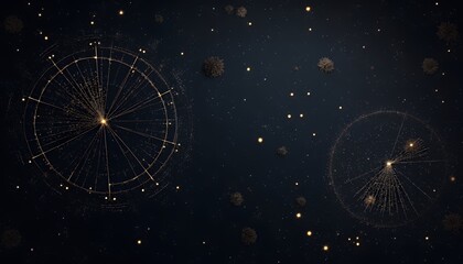 Golden Geometric Patterns and Spheres Floating in a Dark Space Illustration