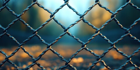 Fototapeta premium Chain-Link Fence at Sunset: A Close-Up View