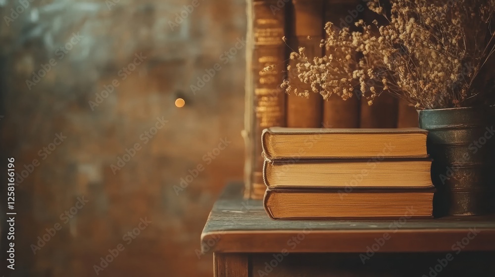Leinwandbilder books stacked on a rustic wooden shelf with a blank space for adding personal quotes or notes. gener
